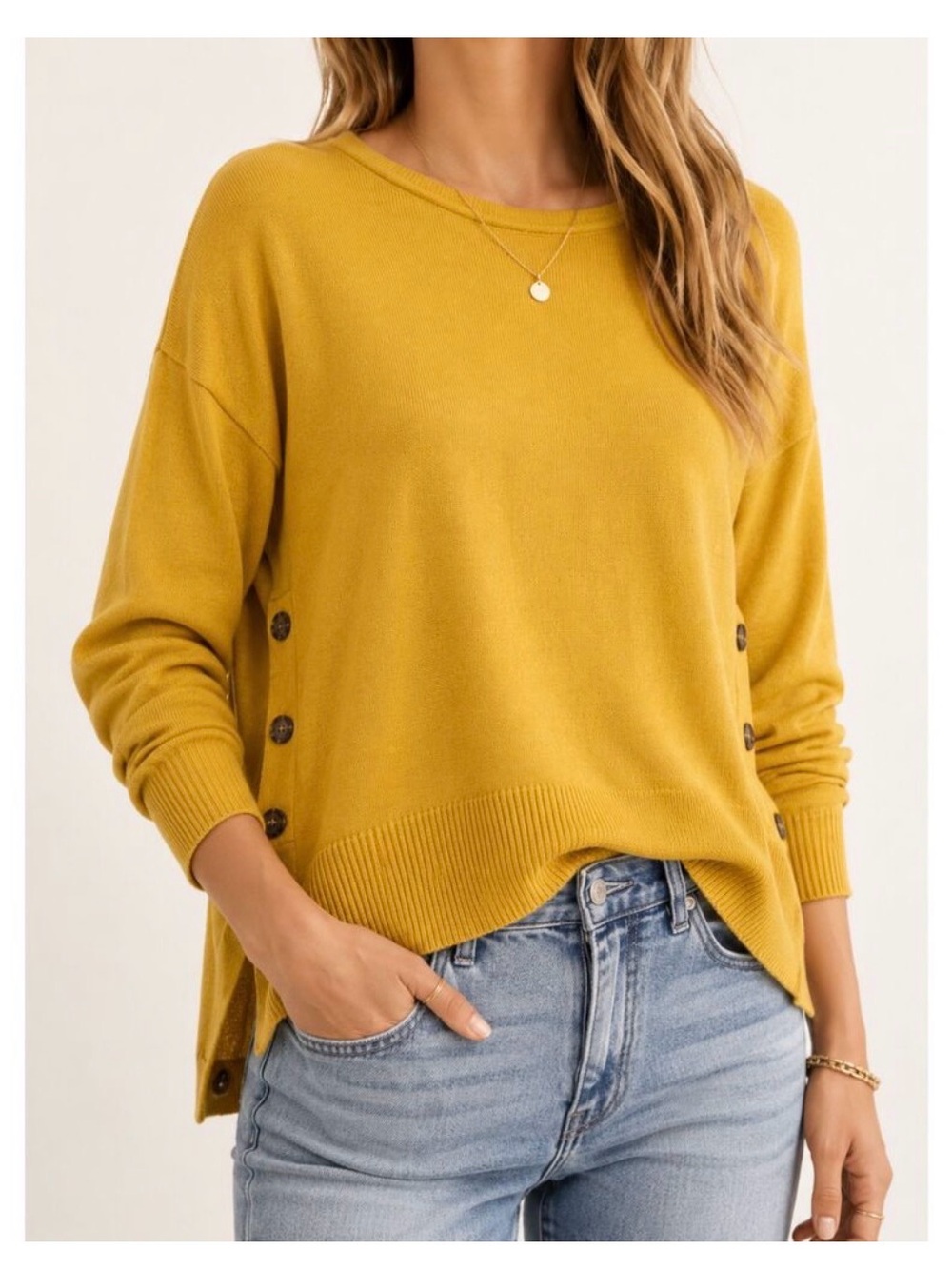 Tahari Mustard Crewneck Sweater with Side Button Detail